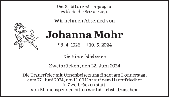 Traueranzeige von Johanna Mohr von saarbruecker_zeitung