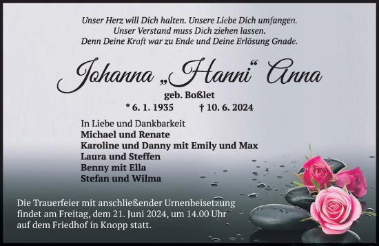 Traueranzeige von Johanna Anna  von saarbruecker_zeitung