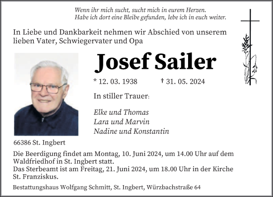 Traueranzeige von Josef Sailer von saarbruecker_zeitung