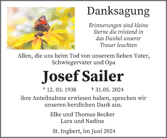 Traueranzeige von Josef Sailer von saarbruecker_zeitung