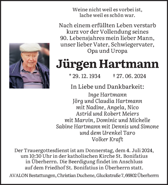 Traueranzeige von Jürgen Hartmann von saarbruecker_zeitung