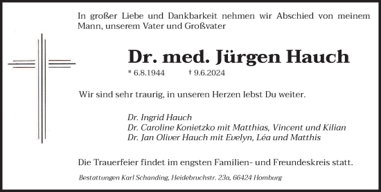 Traueranzeige von Jürgen Hauch von saarbruecker_zeitung