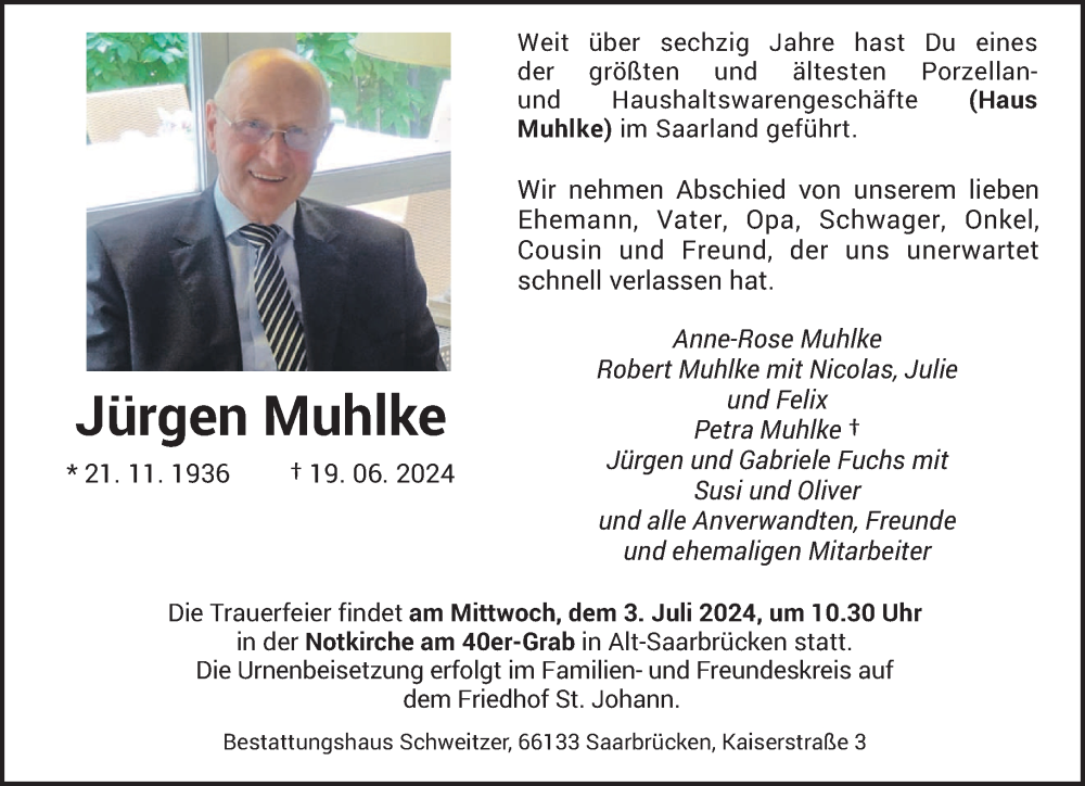  Traueranzeige für Jürgen Muhlke vom 29.06.2024 aus saarbruecker_zeitung