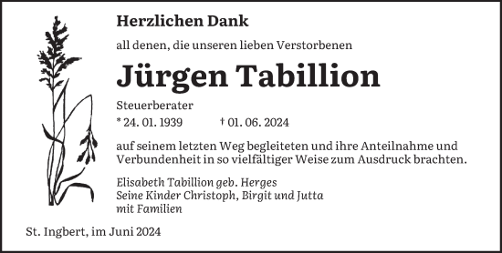 Traueranzeige von Jürgen Tabillion von saarbruecker_zeitung