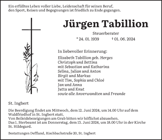 Traueranzeige von Jürgen Tabillion von saarbruecker_zeitung