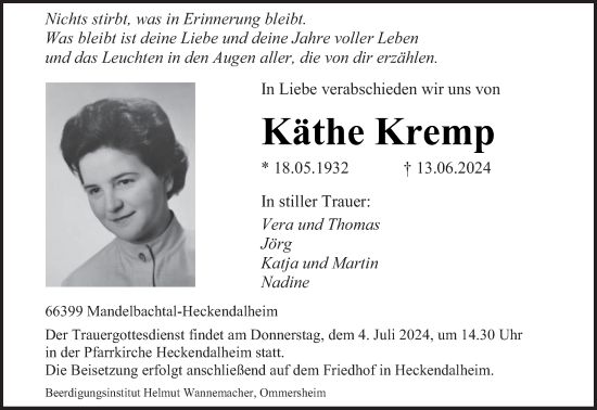 Traueranzeige von Käthe Kremp von saarbruecker_zeitung