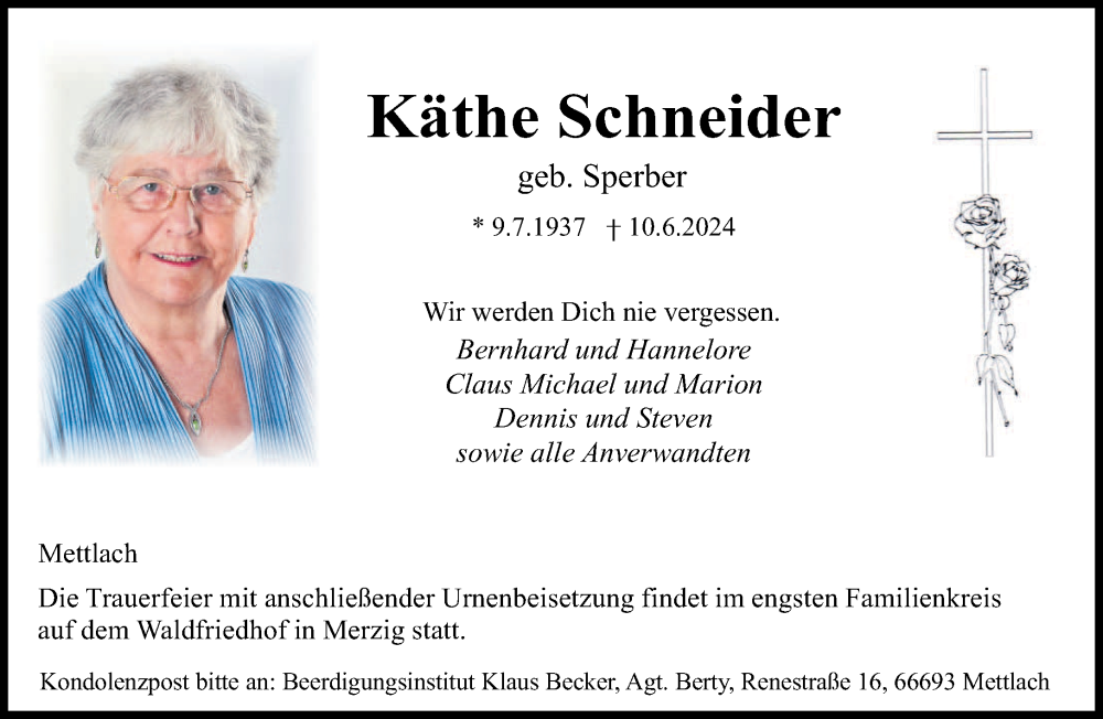  Traueranzeige für Käthe Schneider vom 19.06.2024 aus saarbruecker_zeitung