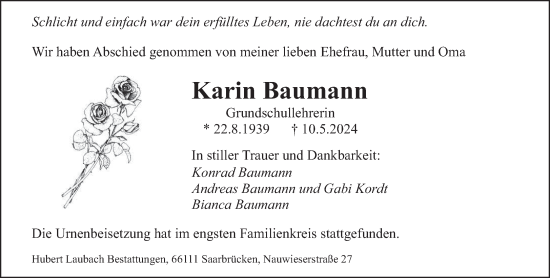 Traueranzeige von Karin Baumann von saarbruecker_zeitung