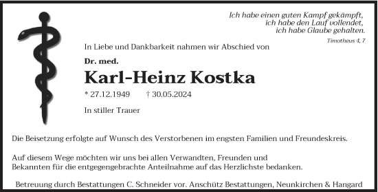 Traueranzeige von Karl-Heinz Kostka von saarbruecker_zeitung