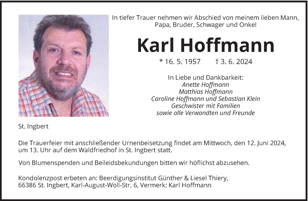  Traueranzeige für Karl Hoffmann vom 08.06.2024 aus saarbruecker_zeitung