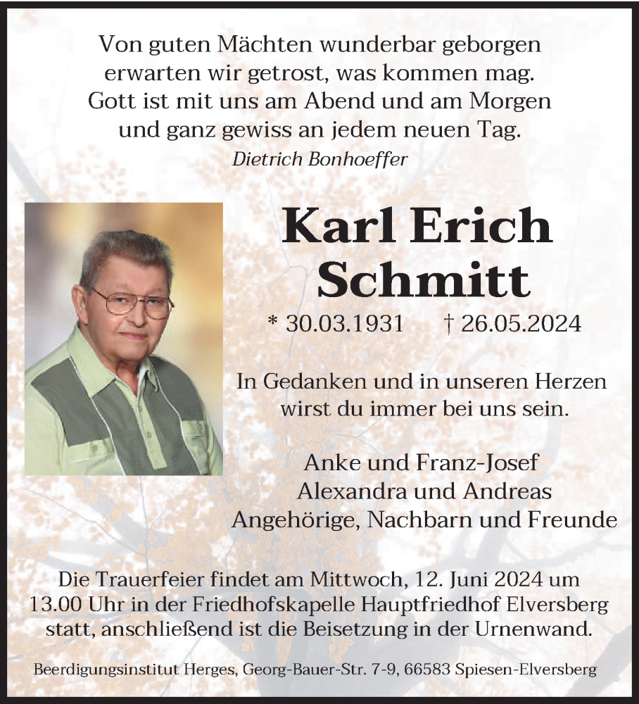  Traueranzeige für Karl Erich Schmitt vom 08.06.2024 aus saarbruecker_zeitung