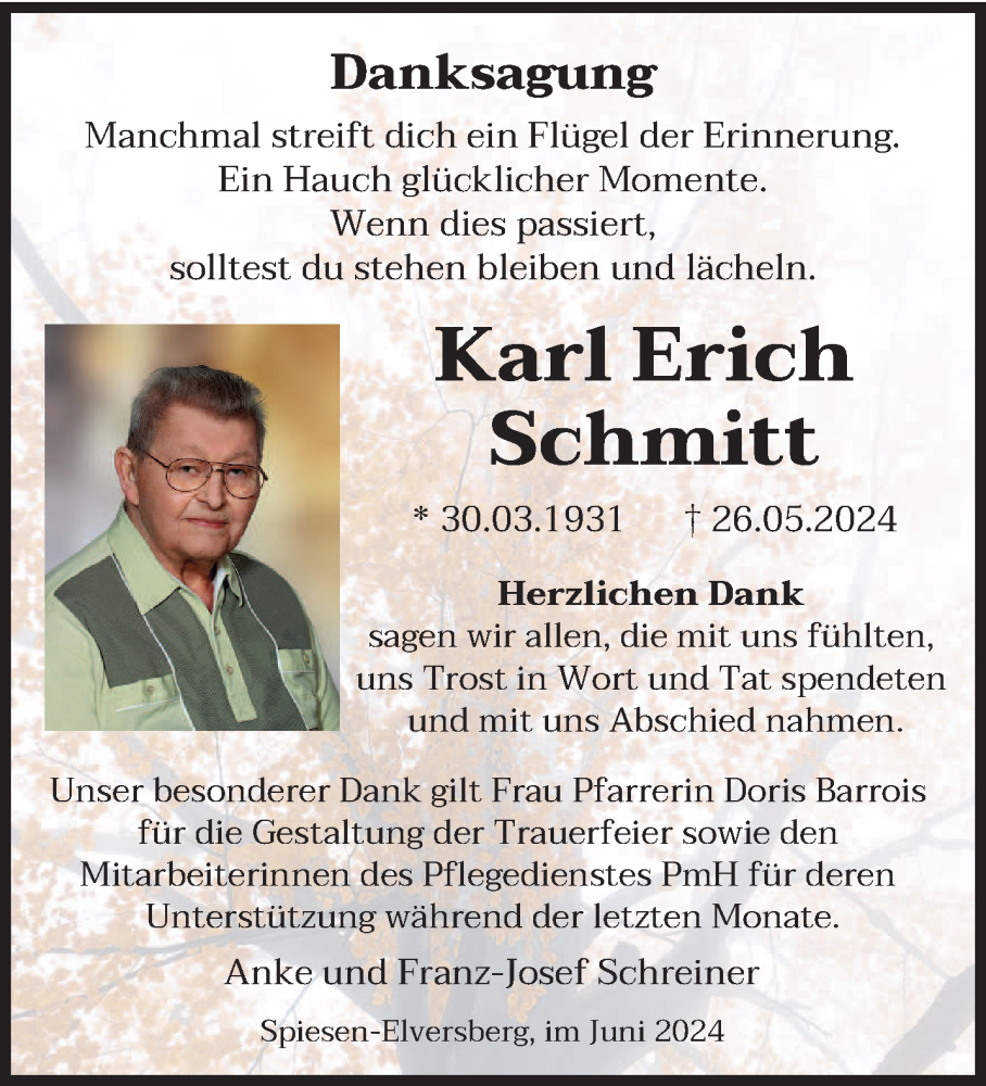  Traueranzeige für Karl Erich Schmitt vom 22.06.2024 aus saarbruecker_zeitung