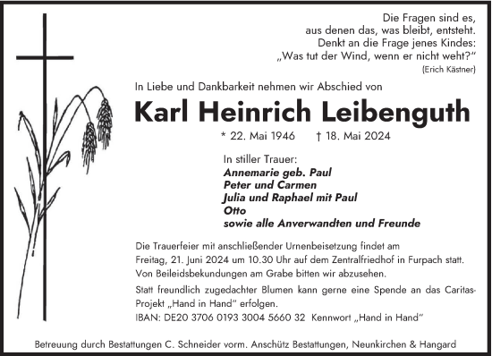 Traueranzeige von Karl Heinrich Leibenguth von saarbruecker_zeitung
