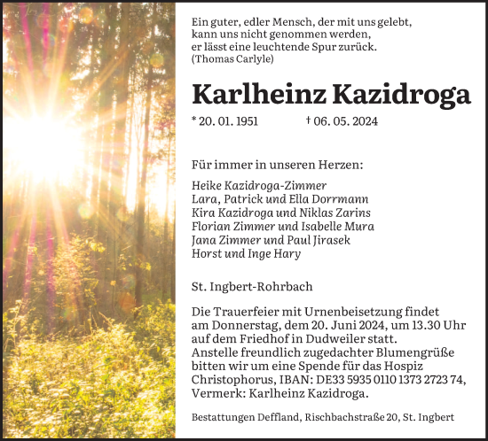 Traueranzeige von Karlheinz Kazidroga von saarbruecker_zeitung