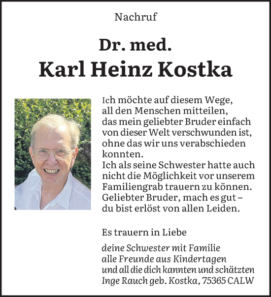 Traueranzeige von Karl Heinz Kostka von saarbruecker_zeitung