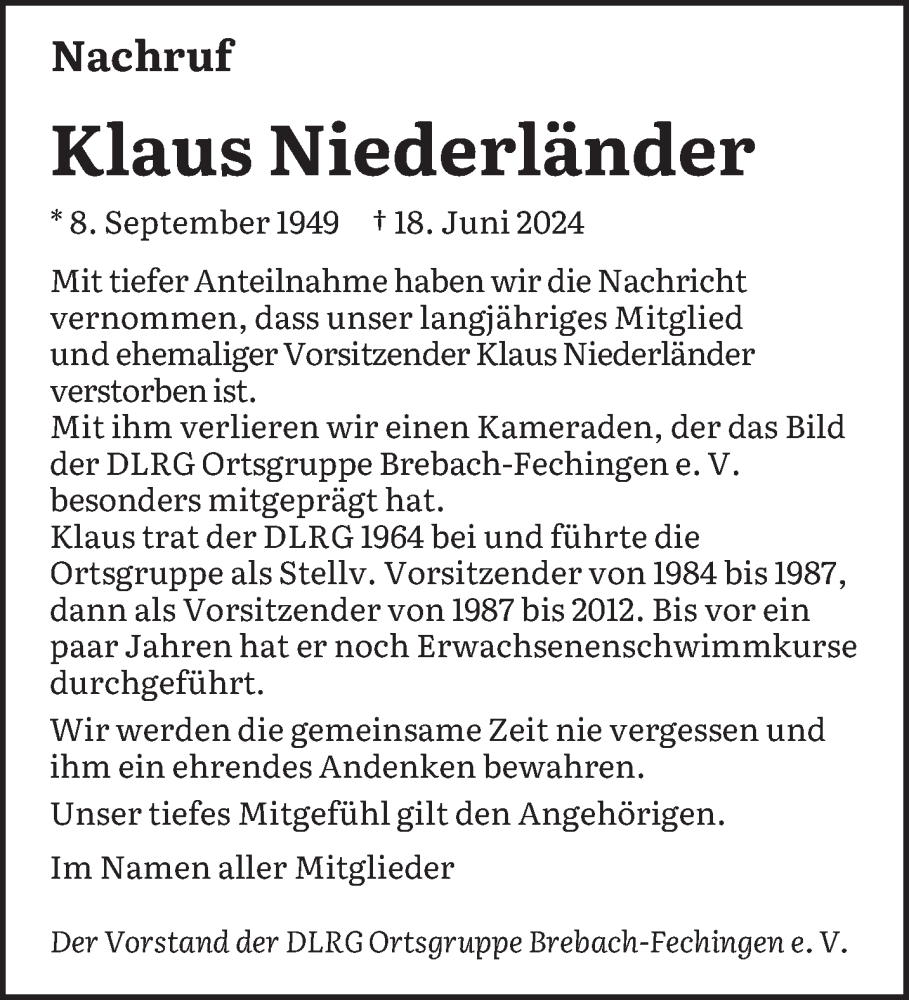  Traueranzeige für Klaus Niederländer vom 29.06.2024 aus saarbruecker_zeitung