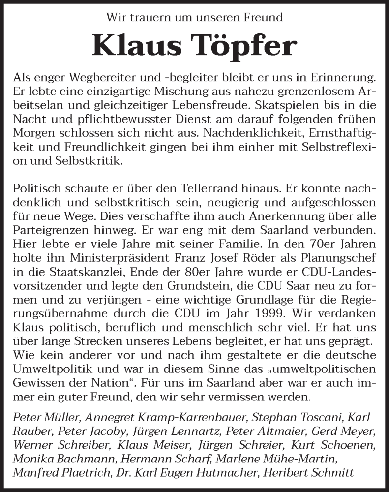  Traueranzeige für Klaus Töpfer vom 15.06.2024 aus saarbruecker_zeitung