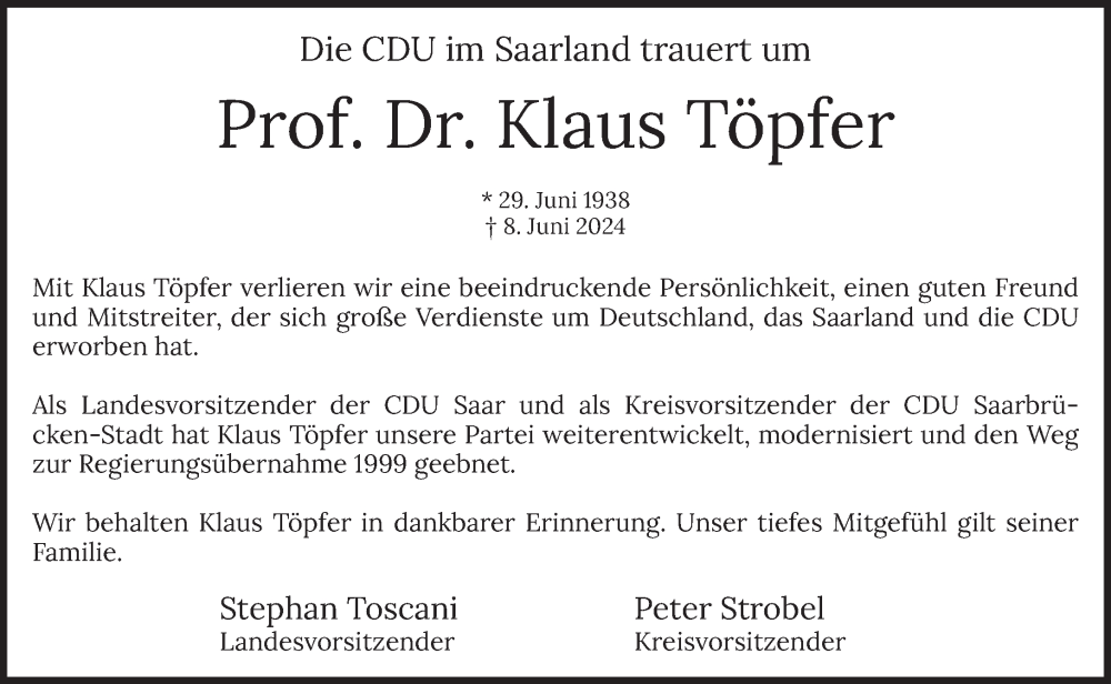 Traueranzeige für Klaus Töpfer vom 15.06.2024 aus saarbruecker_zeitung