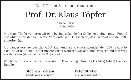 Traueranzeige von Klaus Töpfer von saarbruecker_zeitung