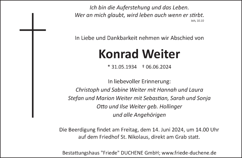  Traueranzeige für Konrad Weiter vom 08.06.2024 aus saarbruecker_zeitung