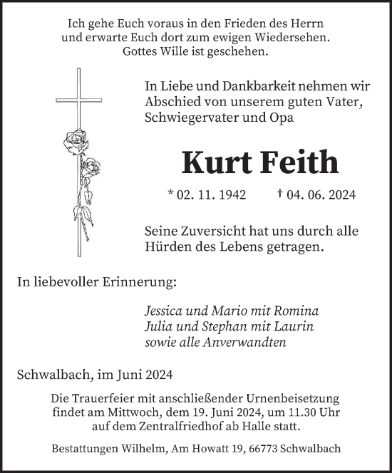 Traueranzeige von Kurt Feith von saarbruecker_zeitung