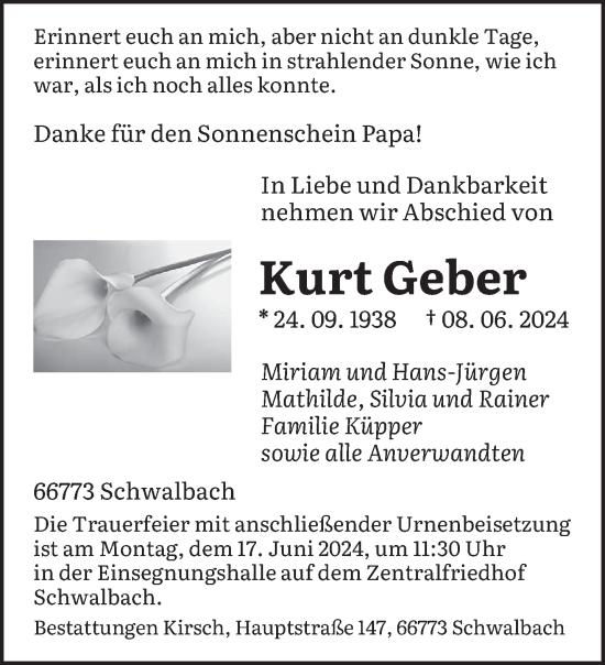 Traueranzeige von Kurt Geber von saarbruecker_zeitung