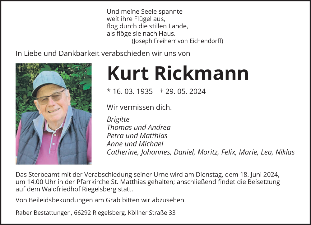  Traueranzeige für Kurt Rickmann vom 08.06.2024 aus saarbruecker_zeitung