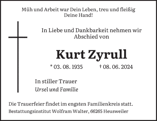 Traueranzeige von Kurt Zyrull von saarbruecker_zeitung