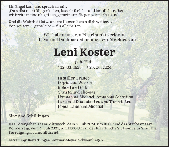 Traueranzeige von Leni Koster von saarbruecker_zeitung