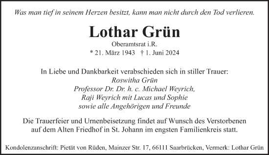 Traueranzeige von Lothar Grün von saarbruecker_zeitung