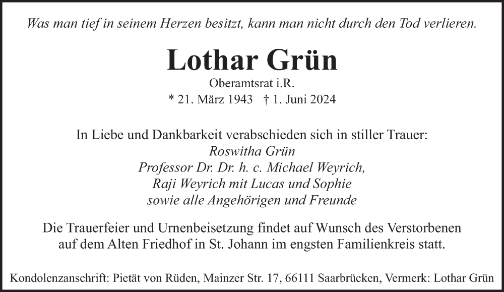  Traueranzeige für Lothar Grün vom 15.06.2024 aus saarbruecker_zeitung