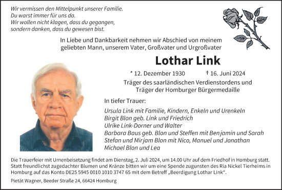 Traueranzeige von Lothar Link von saarbruecker_zeitung