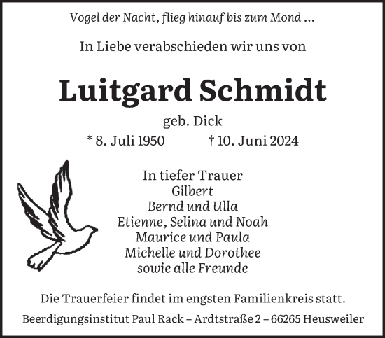 Traueranzeige von Luitgard Schmidt von saarbruecker_zeitung