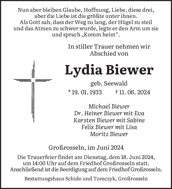 Traueranzeige von Lydia Biewer von saarbruecker_zeitung