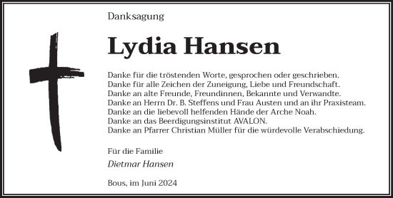 Traueranzeige von Lydia Hansen von saarbruecker_zeitung