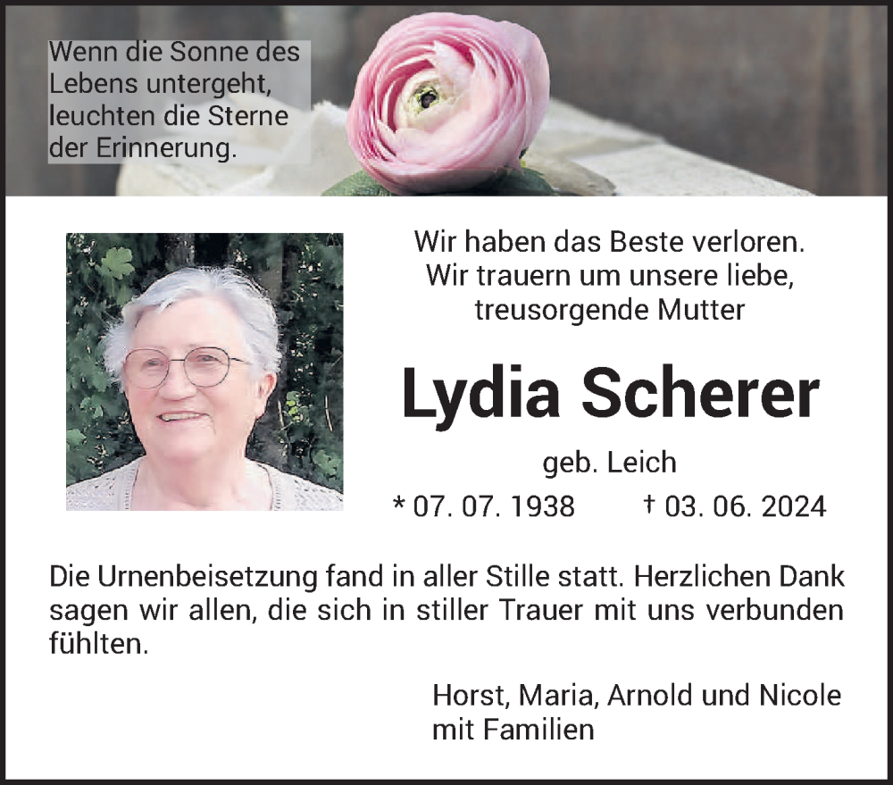  Traueranzeige für Lydia Scherer vom 15.06.2024 aus saarbruecker_zeitung