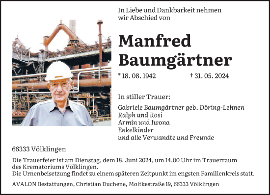 Traueranzeige von Manfred Baumgärtner von saarbruecker_zeitung