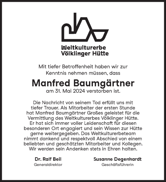 Traueranzeige von Manfred Baumgärtner von saarbruecker_zeitung