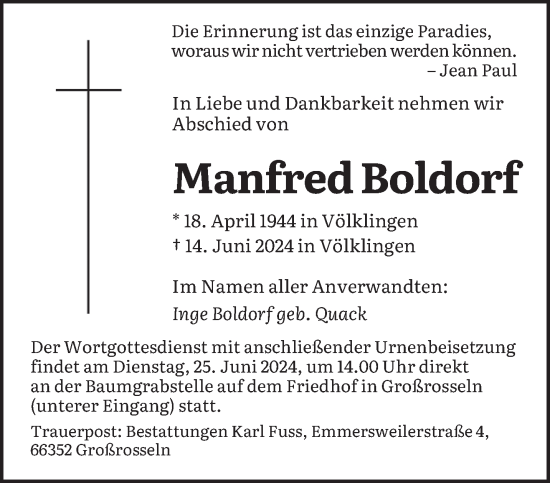 Traueranzeige von Manfred Boldorf von saarbruecker_zeitung