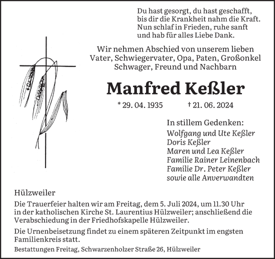 Traueranzeige von Manfred Keßler von saarbruecker_zeitung