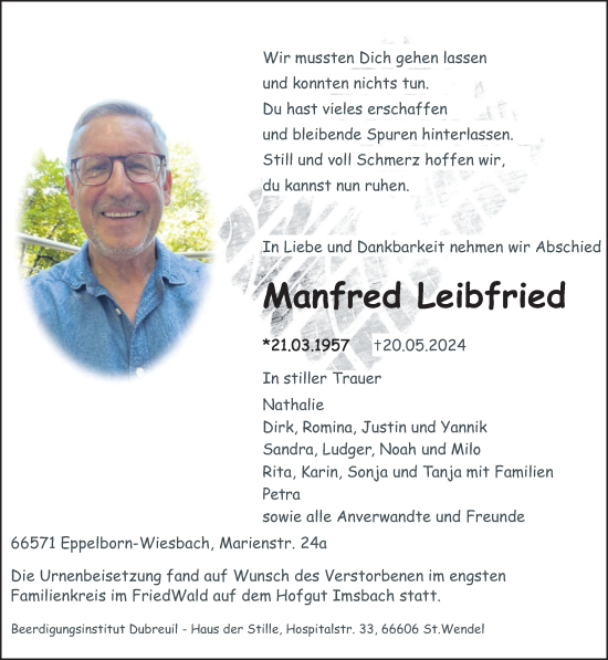 Traueranzeige von Manfred Leibfried von saarbruecker_zeitung