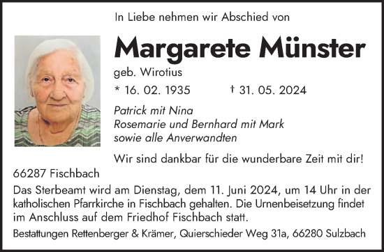 Traueranzeige von Margarete Münster von saarbruecker_zeitung