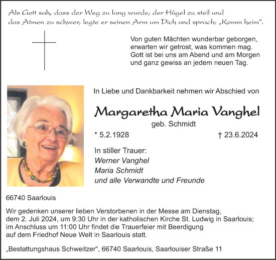 Traueranzeige von Margaretha Maria Vanghel von saarbruecker_zeitung