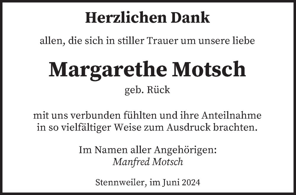  Traueranzeige für Margarethe Motsch vom 22.06.2024 aus saarbruecker_zeitung