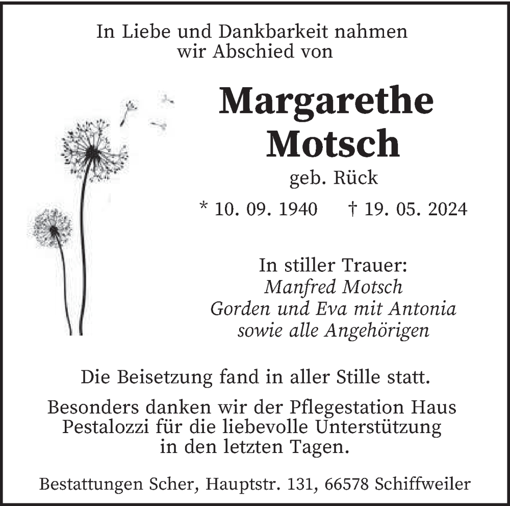  Traueranzeige für Margarethe Motsch vom 15.06.2024 aus saarbruecker_zeitung
