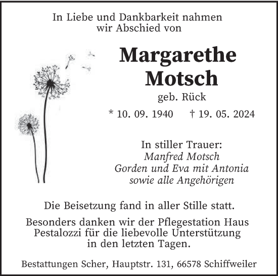 Traueranzeige von Margarethe Motsch von saarbruecker_zeitung