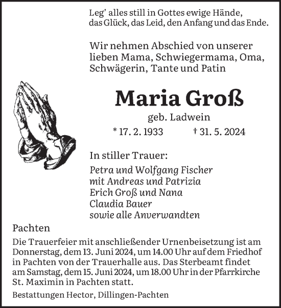 Traueranzeige von Maria Groß von saarbruecker_zeitung