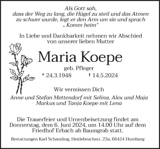 Traueranzeige von Maria Koepe von saarbruecker_zeitung