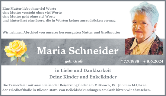 Traueranzeige von Maria Schneider von saarbruecker_zeitung