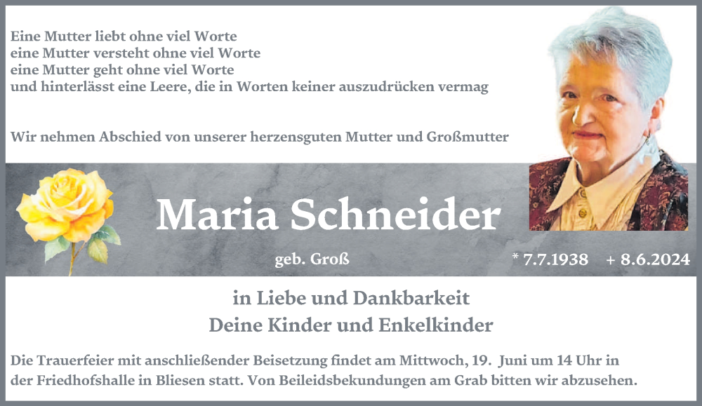  Traueranzeige für Maria Schneider vom 15.06.2024 aus saarbruecker_zeitung